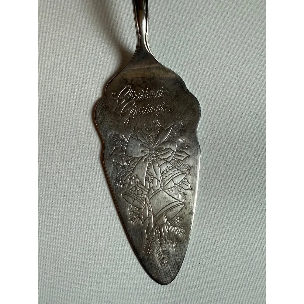 Vintage Christmas Greetings Silver Tone Pie Cake Server Holiday Bells Engraved